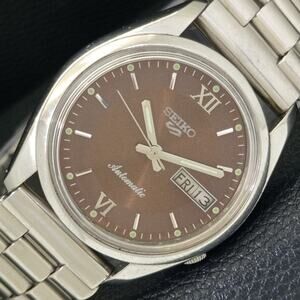 Vintage 1977 Seiko Automatic Mens Silver Watch W/daydate & Brown accents
